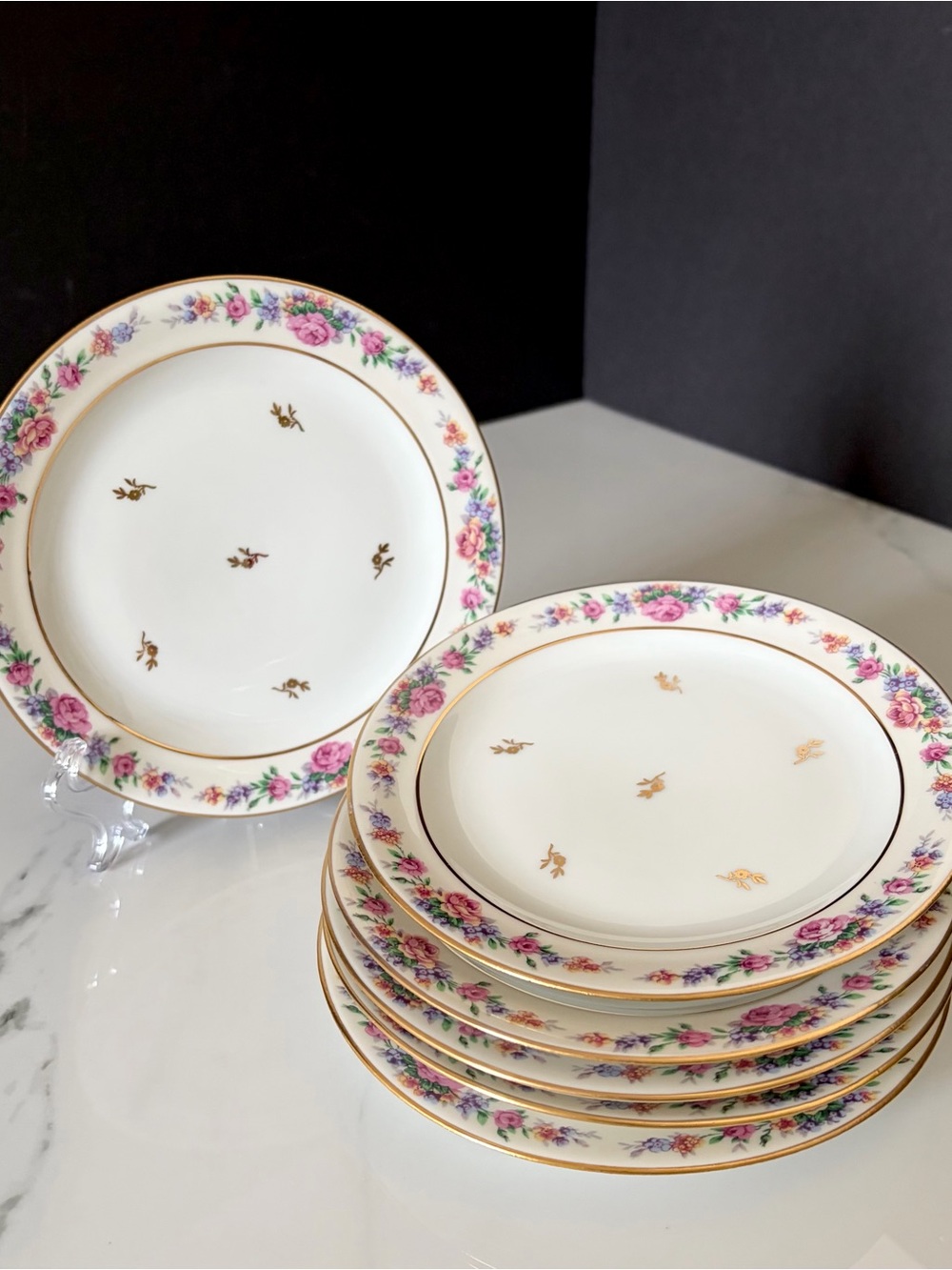 SET of 6 Pink Floral & Gold Bread or Dessert Plates - Chastagner Limoges